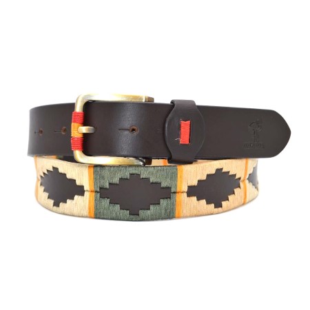 MARISMA: Cinturón Argentino Bordado PIEL VACUNO JP06-VERDE-BEIGE-BEIGE TOSTADO