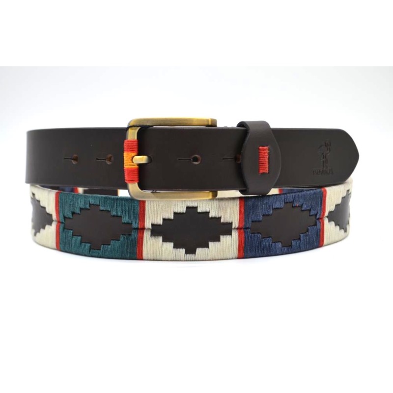 MARISMA: Cinturón Argentino Bordado PIEL VACUNO JP07-VERDE-BEIGE-AZUL