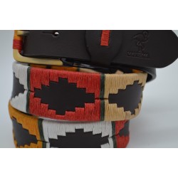 MARISMA: Cinturón Argentino Bordado PIEL VACUNO JP40-BLANCO-OCRE-TOSTADO-ROJO