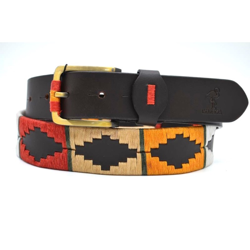 MARISMA: Cinturón Argentino Bordado PIEL VACUNO JP40-BLANCO-OCRE-TOSTADO-ROJO