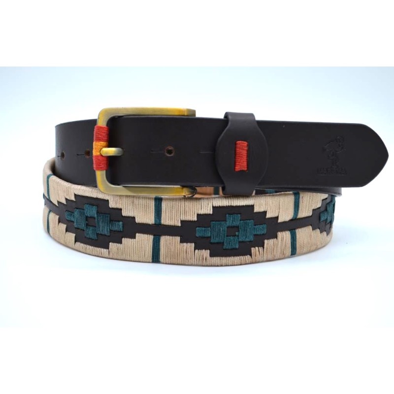 MARISMA: Cinturón Argentino Bordado PIEL VACUNO JP59-BEIGE-VERDE