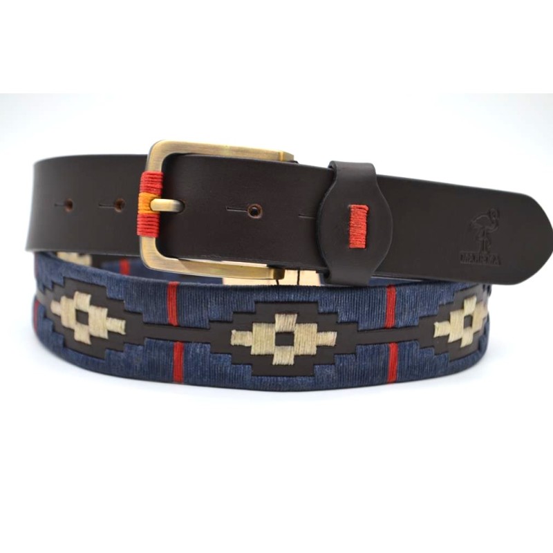 MARISMA: Cinturón Argentino Bordado PIEL VACUNO JP60-AZUL-BEIGE