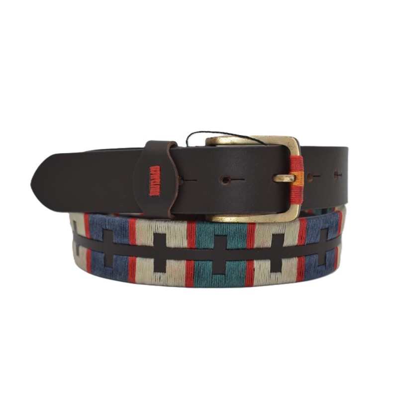 MARISMA: Cinturón Argentino Bordado PIEL VACUNO JP62-AZUL-VERDE-BEIGE-ROJO