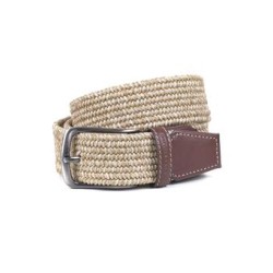 Miguel Bellido: Cinturón trenzado elástico con remates y pasador en piel  35 mm. 770-35-BEIGE