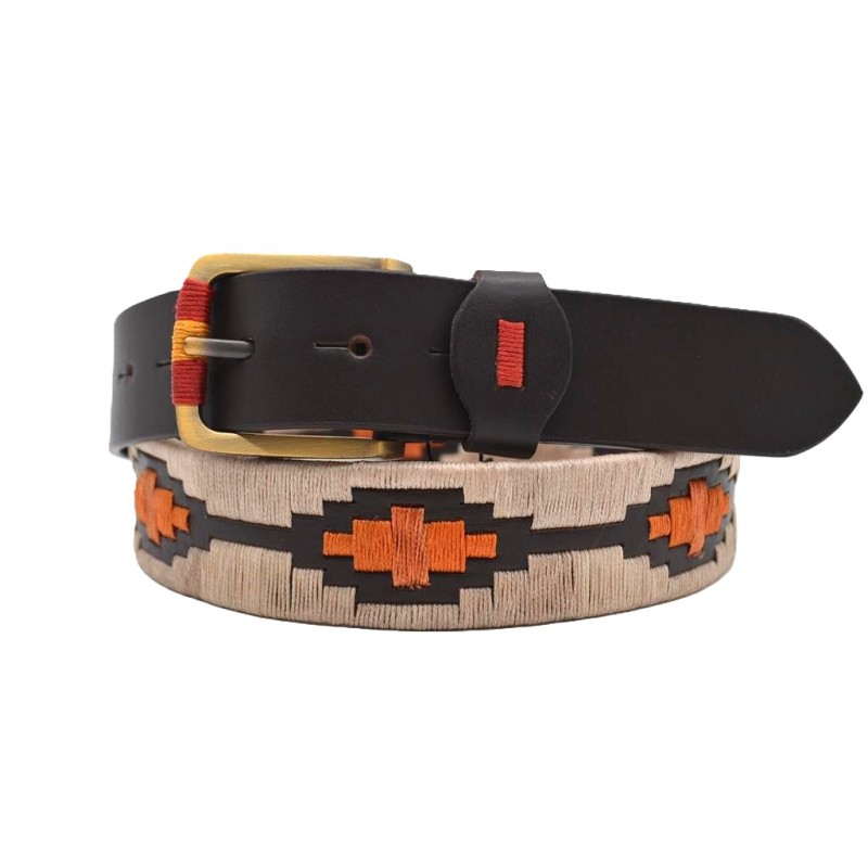 MARISMA: Cinturón Argentino Bordado PIEL VACUNO JP61-BEIGE-NARANJA