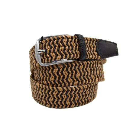 Miguel Bellido: Cinturón trenzado elástico con remates y pasador en piel  35 mm. 965-017 MARRÓN/BEIGE