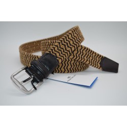 Miguel Bellido: Cinturón trenzado elástico con remates y pasador en piel  35 mm. 965-017 MARRÓN/BEIGE